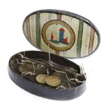 A PAINTED TOLE CASED SET OF COIN BALANCE SCALES POSSIBLY WELSH, PONTYPOOL black japanned, the lid