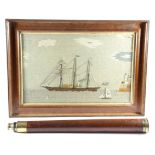 A VICTORIAN SAILOR'S WOOLWORK PICTURE C.1860-70 depicting a three-masted steam ship, flying