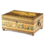 A GEORGE IV PAINTED WHITEWOOD TUNBRIDGE WARE SEWING BOX C.1830 decorated overall with bands of