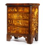 A SMALL DUTCH WALNUT AND FLORAL MARQUETRY CHEST 19TH CENTURY possibly an apprentice piece, with