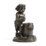 A FRENCH BRONZE FIGURAL VESTA HOLDER C.1860-70 modelled with a Bacchanalian cherub holding grapes