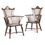 A PAIR OF ARTS AND CRAFTS BEECH AND ELM WINDSOR STYLE ARMCHAIRS LATE 19TH / EARLY 20TH CENTURY