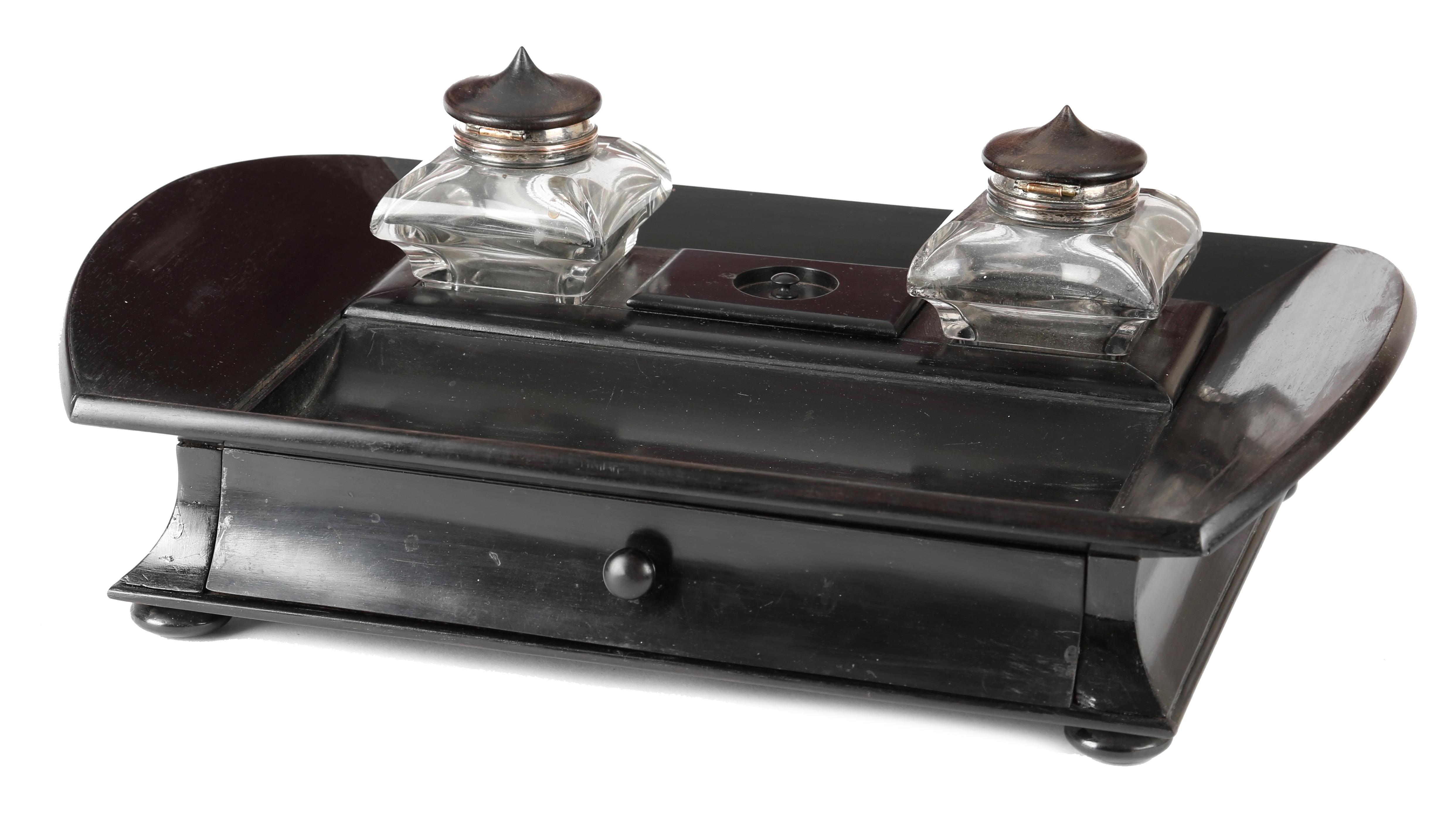 AN ANGLO-INDIAN EBONY INKSTAND POSSIBLY CEYLONESE, C.1840 with a pair of glass inkwells with ebony