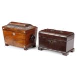 λ A VICTORIAN ROSEWOOD AND MOTHER OF PEARL TEA CADDY C.1840-50 of sarcophagus shape, inlaid with