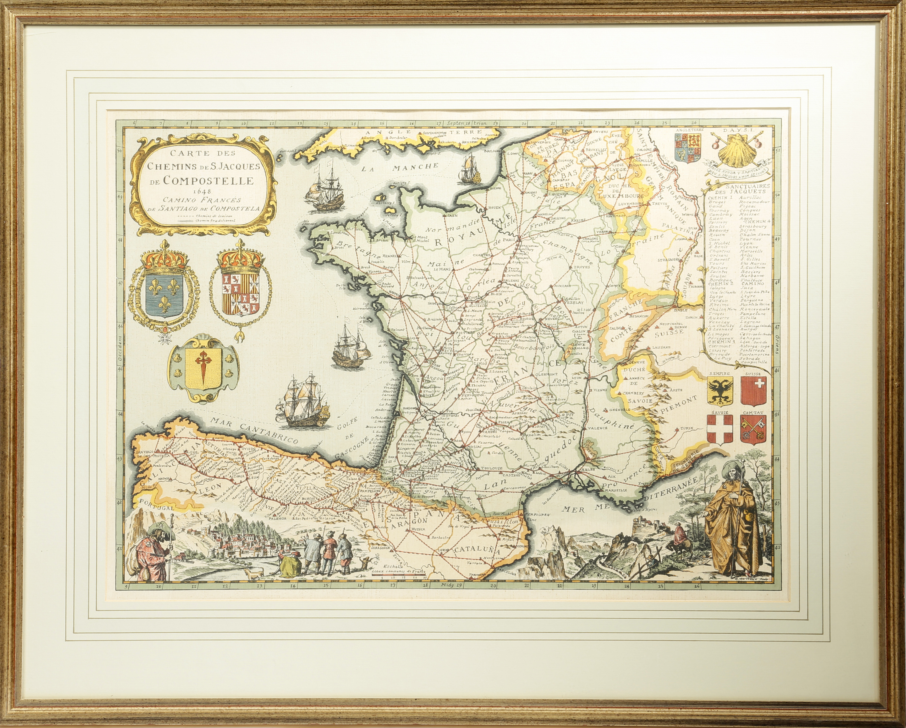 A MODERN MAP OF THE 'CAMINO DE SANTIAGO' IN 17TH CENTURY STYLE BY DANIEL DERVEAUX (FRENCH D.2010),