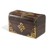 A VICTORIAN COROMANDEL TEA CADDY C.1860-70 with brass strapwork mounts, the interior with a pair