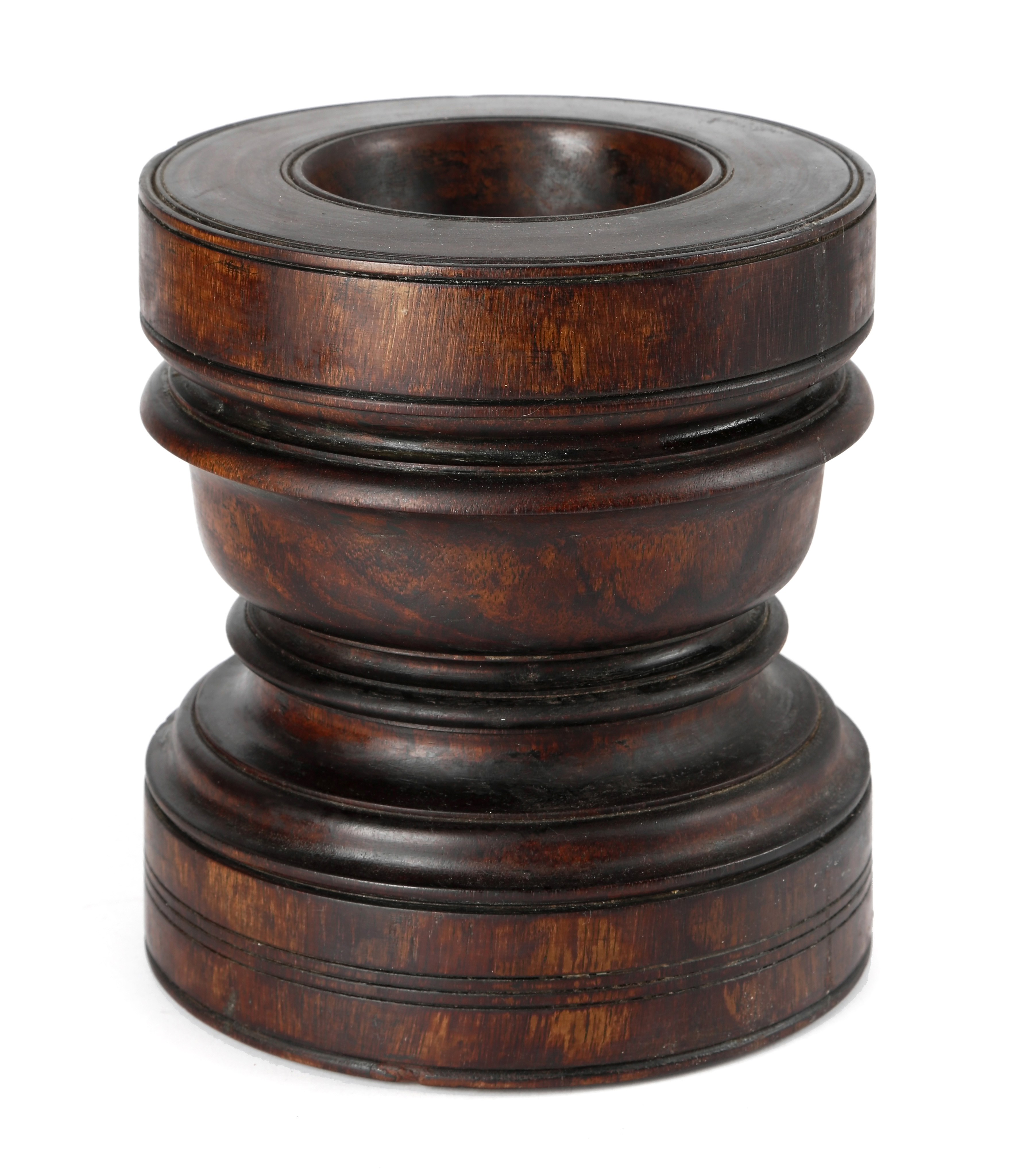 A TREEN HARDWOOD MORTAR 18TH / 19TH CENTURY with turned and moulded decoration 21.2cm high