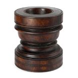 A TREEN HARDWOOD MORTAR 18TH / 19TH CENTURY with turned and moulded decoration 21.2cm high