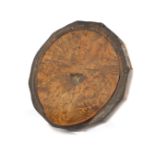 A 19TH CENTURY TREEN BURR MAPLE SNUFF BOX C.1850-60 of dodecagonal curved form, the hinged lid