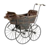A VICTORIAN COACH BUILT PAINTED WOOD AND IRON PRAM C.1890-1900 with button upholstered brown leather
