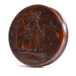 λ A FRENCH PRESS BURR MAPLE SNUFF BOX C.1800 the pull-off lid decorated with a monk giving money