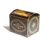 AN EBONISED AND PAINTED TEA CADDY 19TH CENTURY the domed lid decorated with a house beside a lake,