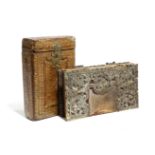 AN 18TH CENTURY GILT TOOLED BROWN LEATHER BOX POSSIBLY FRENCH with a shaped gilt bronze hasp, the