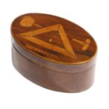 A 19TH CENTURY WALNUT OVAL MASONIC SNUFF BOX C.1860-70 inlaid with ebonised and boxwood stringing