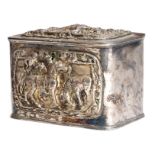 A VICTORIAN ELECTROPLATED TEA CADDY C.1870-80 the hinged lid relief decorated with a groom