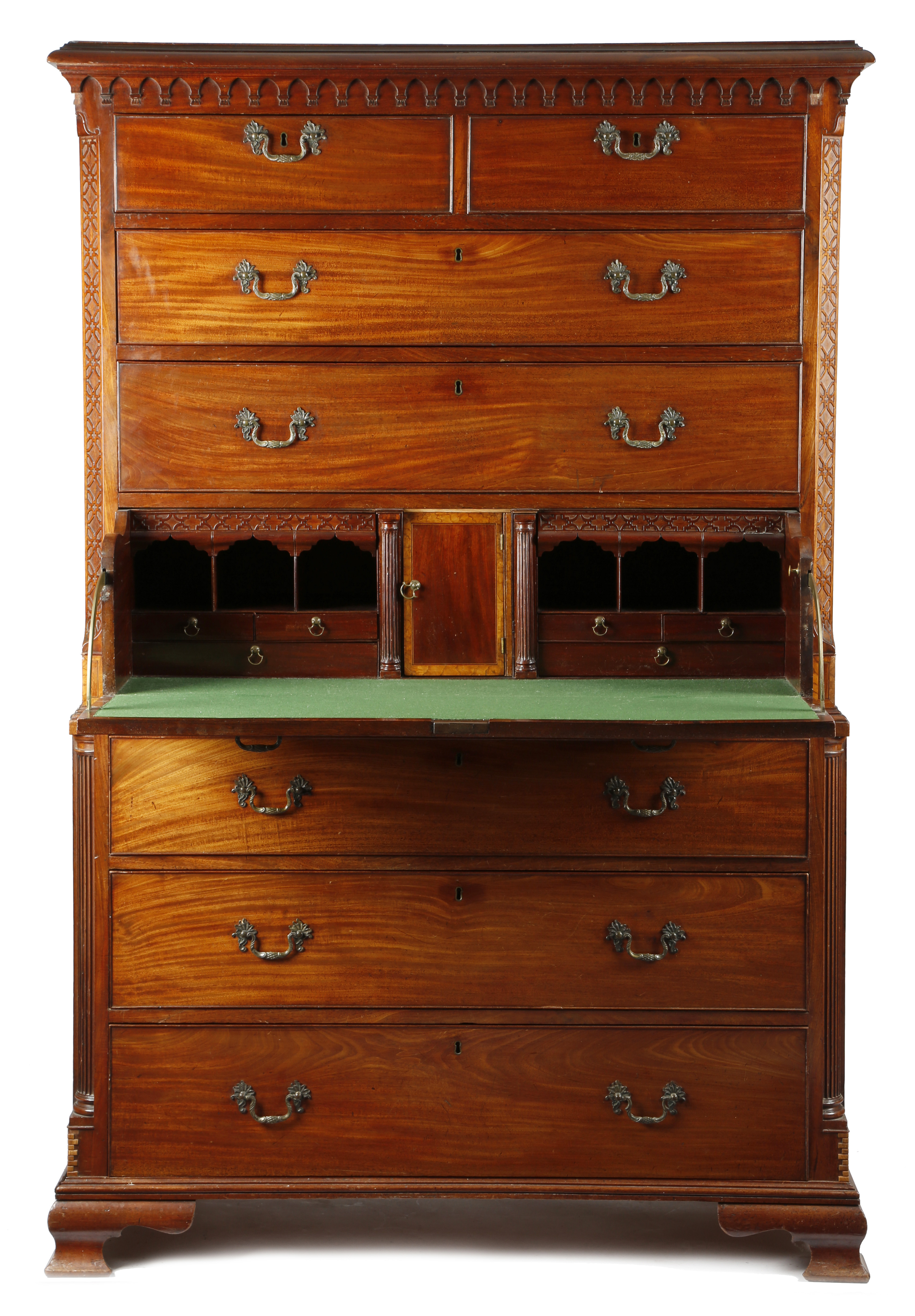 AN EARLY GEORGE III MAHOGANY SECRETAIRE CHEST ON CHEST NORTH COUNTRY, C.1760 the moulded cornice - Image 2 of 2