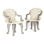 A PAIR OF VENETIAN STYLE PAINTED AND SILVERED WOOD GROTTO CHAIRS BY MAITLAND SMITH, LATE 20TH