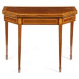 λ A GEORGE III MAHOGANY CARD TABLE POSSIBLY SCOTTISH, C.1790 of canted form, the fold-over top