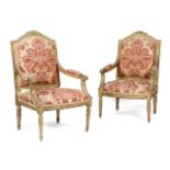 A PAIR OF GILTWOOD FAUTEUILS IN LOUIS XVI STYLE LATE 19T CENTURY each with a padded back, seat and