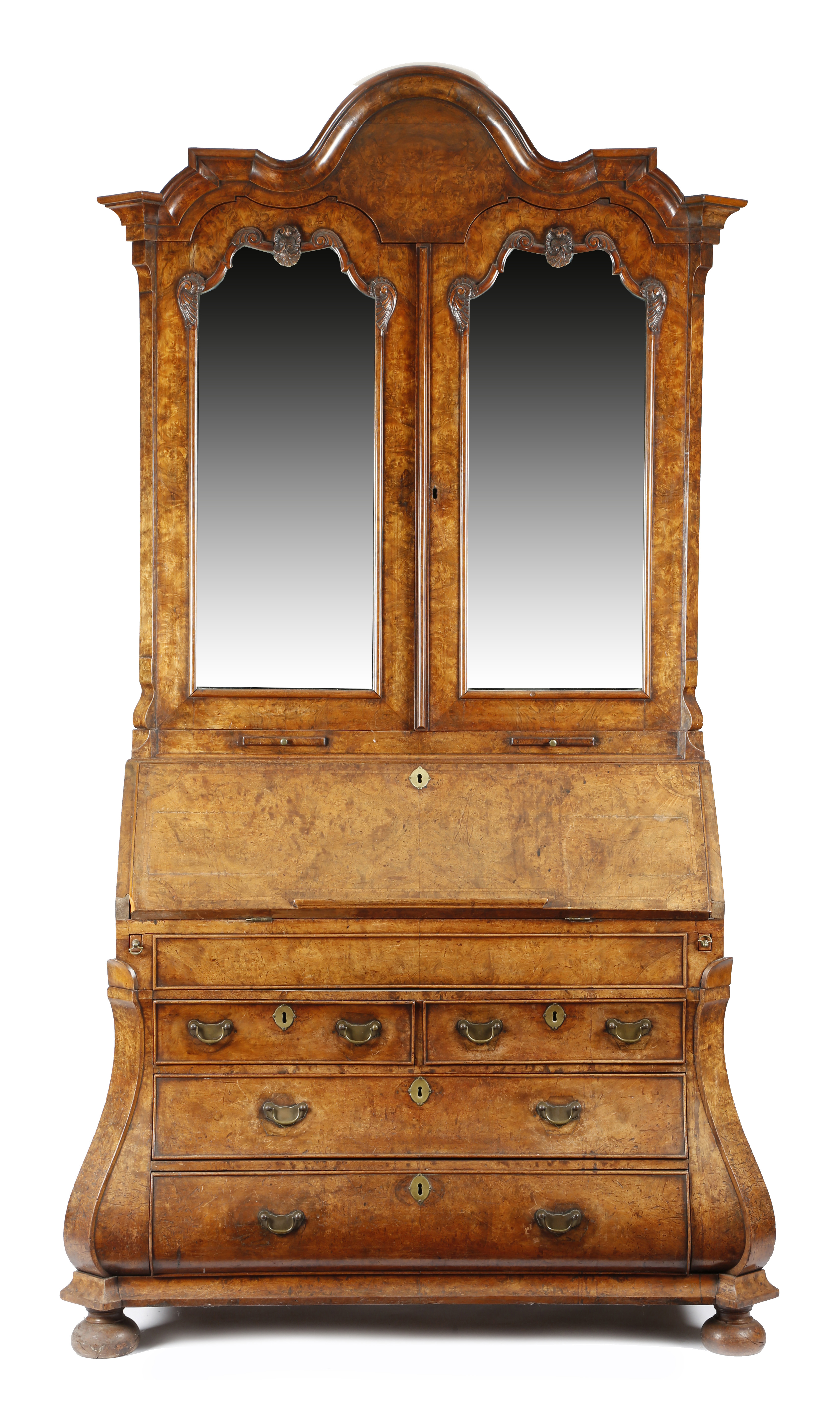 A DUTCH WALNUT AND BURR WALNUT BUREAU BOOKCASE 18TH CENTURY AND LATER the arched moulded cornice