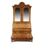 A DUTCH WALNUT AND BURR WALNUT BUREAU BOOKCASE 18TH CENTURY AND LATER the arched moulded cornice