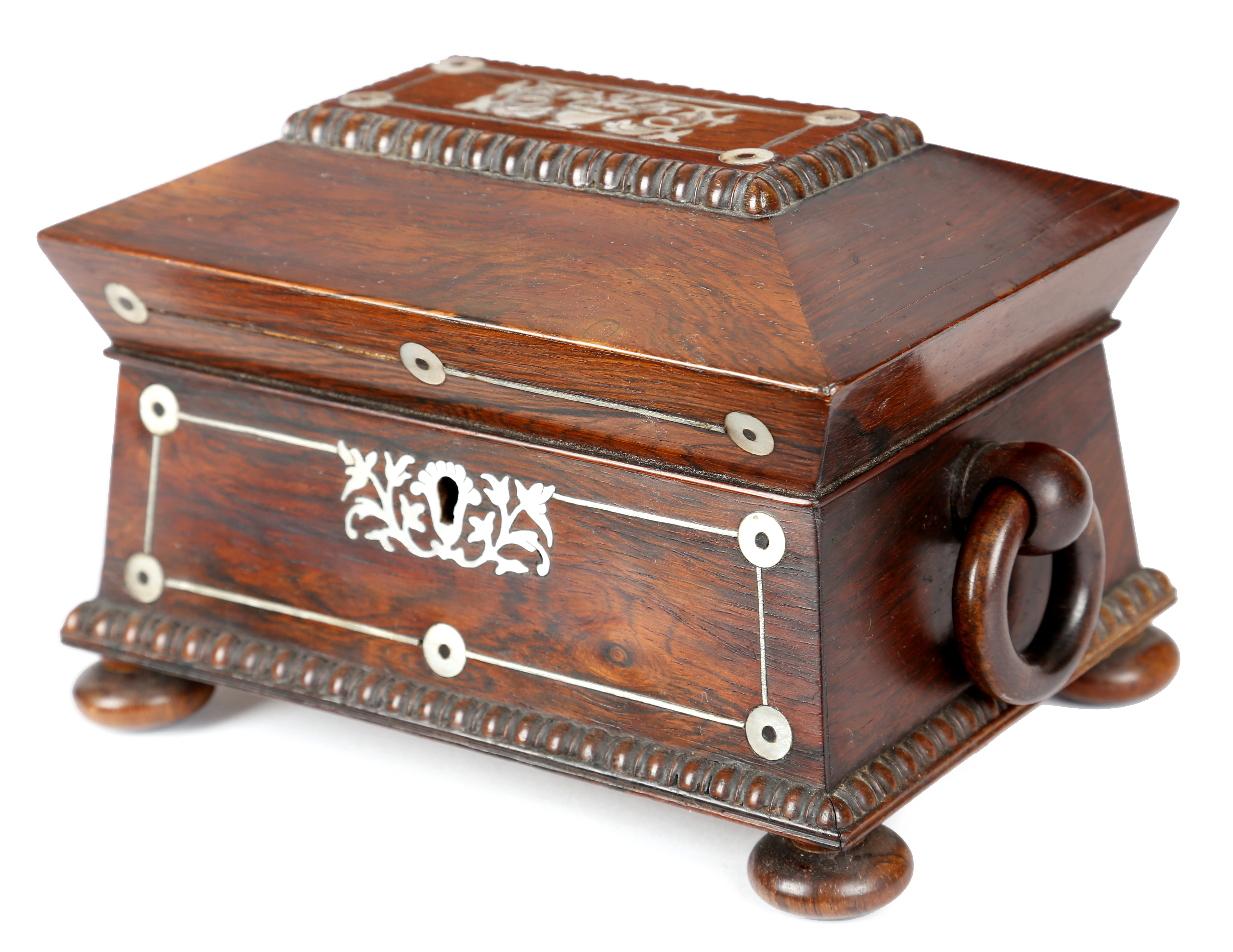 λ A SMALL VICTORIAN ROSEWOOD AND MOTHER OF PEARL TEA CHEST C.1840-50 of sarcophagus form, inlaid