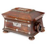 λ A SMALL VICTORIAN ROSEWOOD AND MOTHER OF PEARL TEA CHEST C.1840-50 of sarcophagus form, inlaid