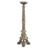 AN ITALIAN SILVERED WOOD ALTAR CANDLESTICK PROBABLY LATE 17TH / EARLY 18TH CENTURY the top with a