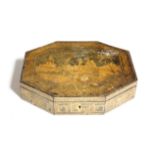 A REGENCY PENWORK OCTAGONAL BOX EARLY 19TH CENTURY the hinged lid decorated with a desert scene,