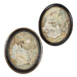 TWO GEORGE III OVAL SILKWORK PICTURES C.1790-1800 with woolwork details, each depicting a