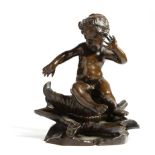 A FRENCH BRONZE FIGURE OF A YOUNG BOY LATE 19TH CENTURY the cherub seated on a sea shell, signed '