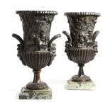 A PAIR OF 19TH CENTURY FRENCH BRONZE CAMPANA URNS C.1870-80 each relief decorated with