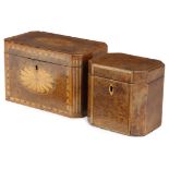 A GEORGE III BURR YEW TEA CADDY C.1790-1800 of canted form and inlaid with stringing, with a