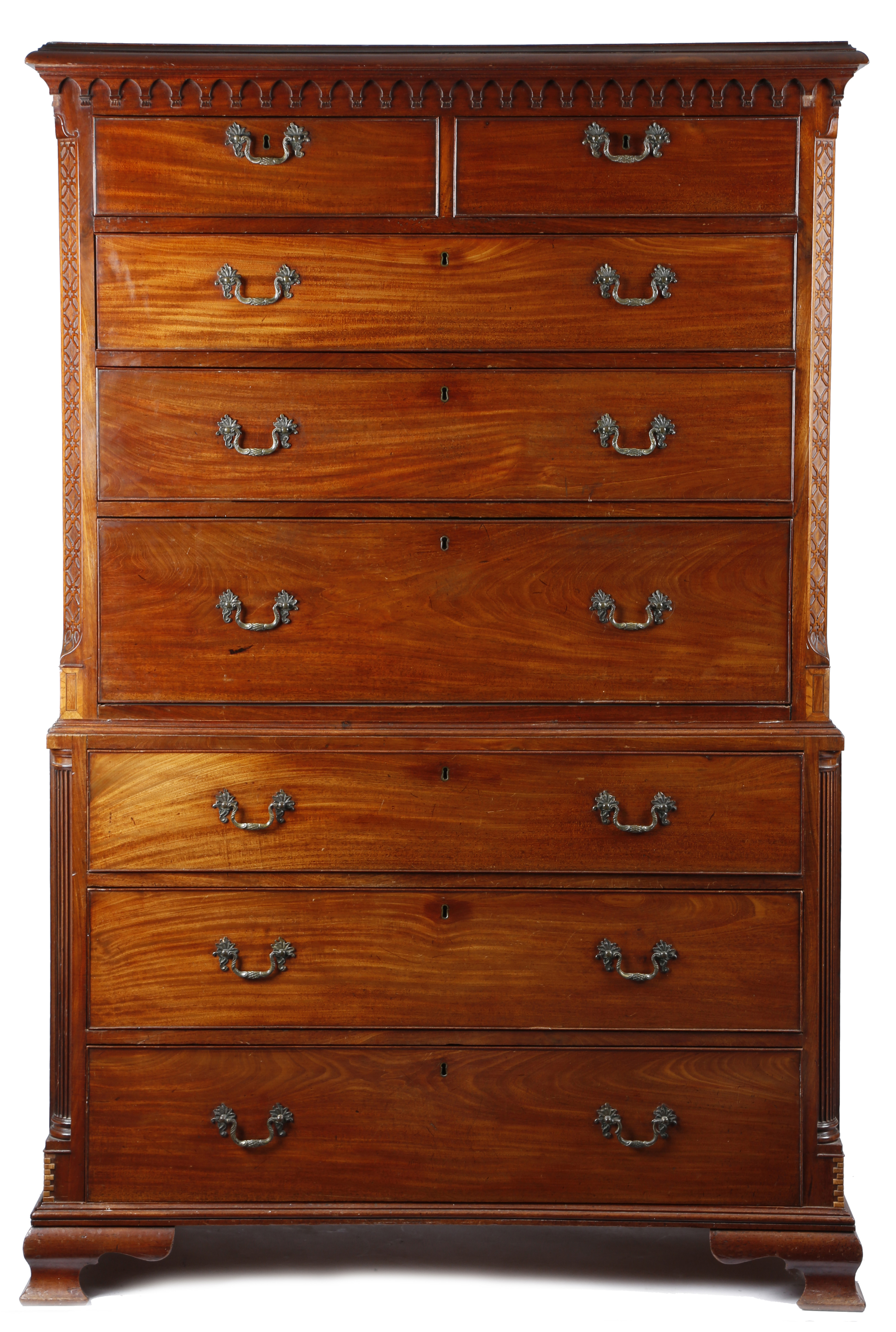 AN EARLY GEORGE III MAHOGANY SECRETAIRE CHEST ON CHEST NORTH COUNTRY, C.1760 the moulded cornice