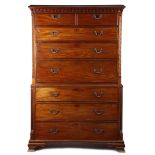 AN EARLY GEORGE III MAHOGANY SECRETAIRE CHEST ON CHEST NORTH COUNTRY, C.1760 the moulded cornice