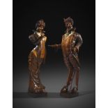 A LARGE PAIR OF VENETIAN CARVED PINE AND FRUITWOOD DEVIL FIGURES ATTRIBUTED TO FRANCESCO TOSO (