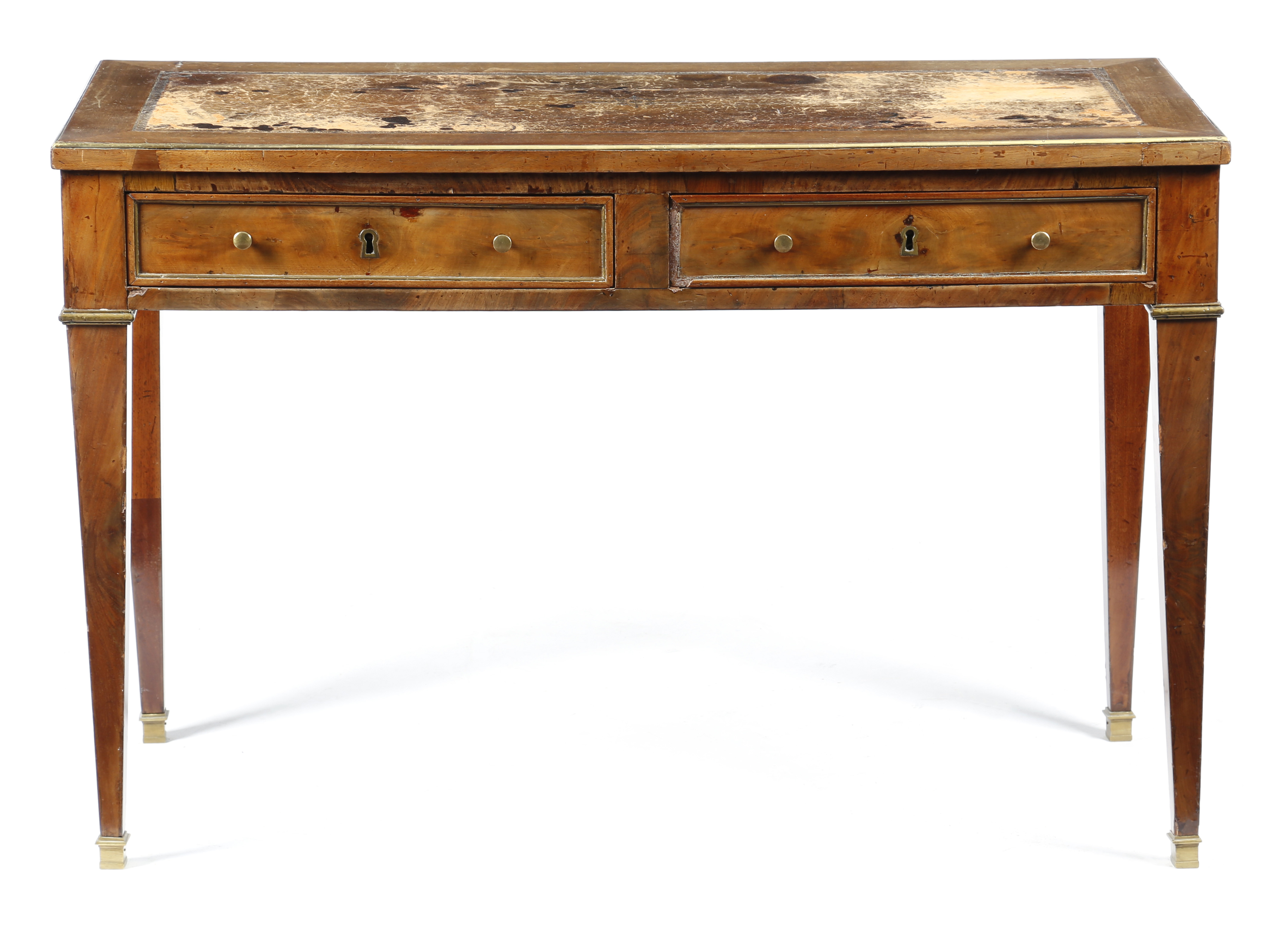 A FRENCH MAHOGANY BUREAU PLAT EARLY 19TH CENTURY with brass mounts, the rectangular top inset with