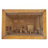 A SMALL 19TH CENTURY CARVED PINE DIORAMA C.1850-60 depicting a domestic interior, with figures