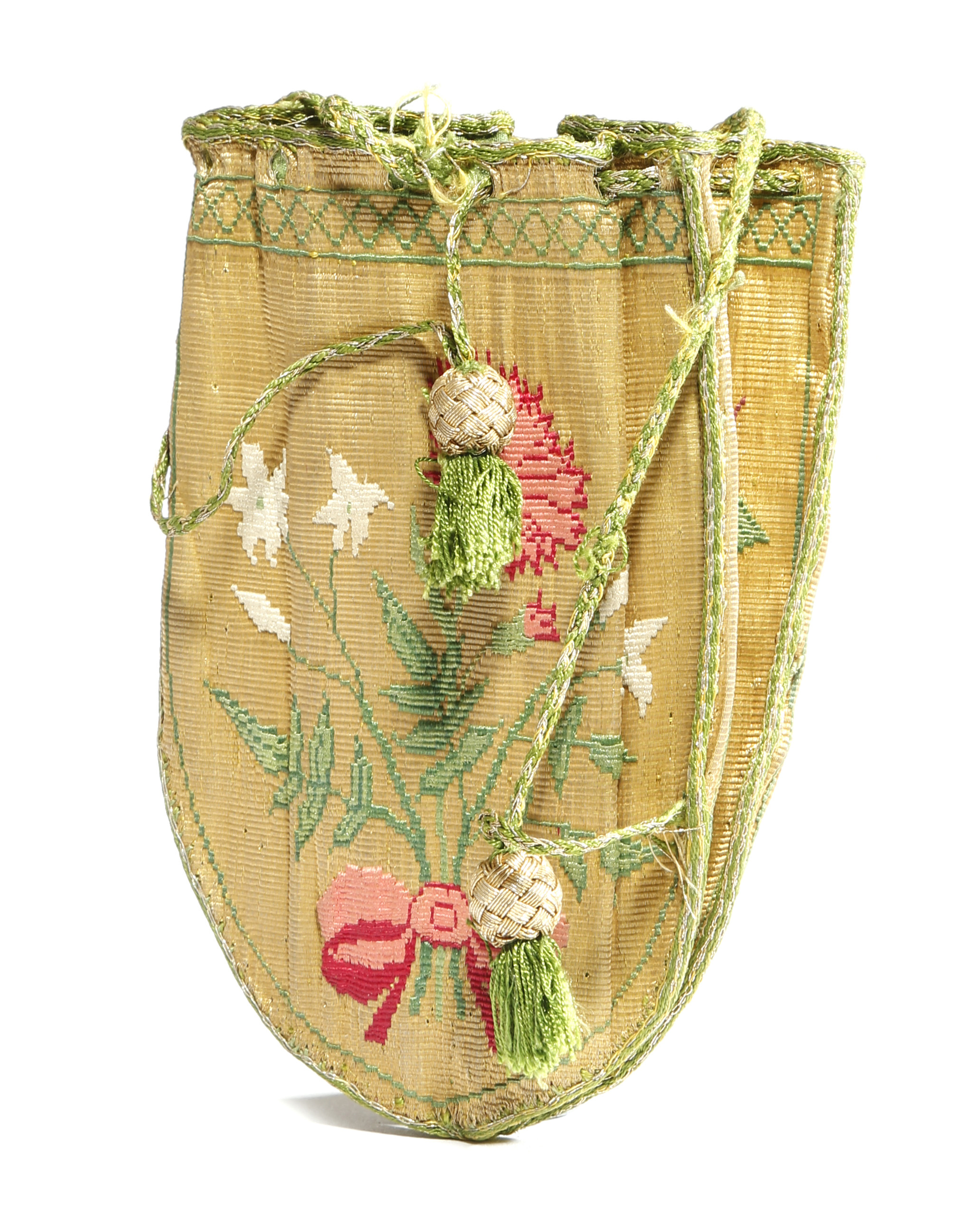 AN EARLY 18TH CENTURY GOLD SILK THREAD PURSE C.1730 embroidered with four panels of ribbon tied