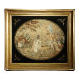 A GEORGE III OVAL SILKWORK PICTURE C.1790-1800 depicting possibly Charity offering fruit to three