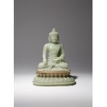 *† A LARGE CHINESE CELADON JADE FIGURE OF BUDDHA SHAKYAMUNI MID 20TH CENTURY, THE BASE PERHAPS