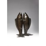 A CHINESE GOLD-SPLASHED BRONZE 'TWIN-FISH' VASE 18TH/19TH CENTURY Formed as two carp supported on