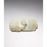 A CHINESE PALE CELADON JADE BELT BUCKLE QING DYNASTY Formed as two sections, each pierced and carved