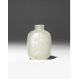 A CHINESE PALE CELADON JADE SNUFF BOTTLE 18TH CENTURY One side worked in low relief with a seated