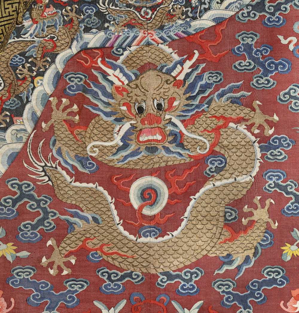 A CHINESE BROWN-GROUND KESI 'NINE DRAGON' ROBE QING DYNASTY Finely worked in gold threads with - Image 2 of 2