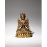 A LARGE CHINESE GILT-LACQUERED BRONZE FIGURE OF MANJUSRI QING DYNASTY Cast seated in dhyanasana upon