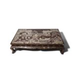 A SMALL CHINESE MOTHER OF PEARL INLAID LACQUER TABLE LATE MING DYNASTY The top decorated with a