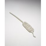 A CHINESE WHITE JADE HAIRPIN QIANLONG/JIAQING Carved in openwork with an oval panel depicting two