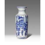 A CHINESE BLUE AND WHITE 'WATER MARGIN' ROULEAU VASE KANGXI 1662-1722 Painted with a scene from