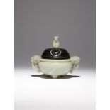 A CHINESE CELADON JADE TRIPOD INCENSE BURNER QING DYNASTY Carved to the exterior with a band of